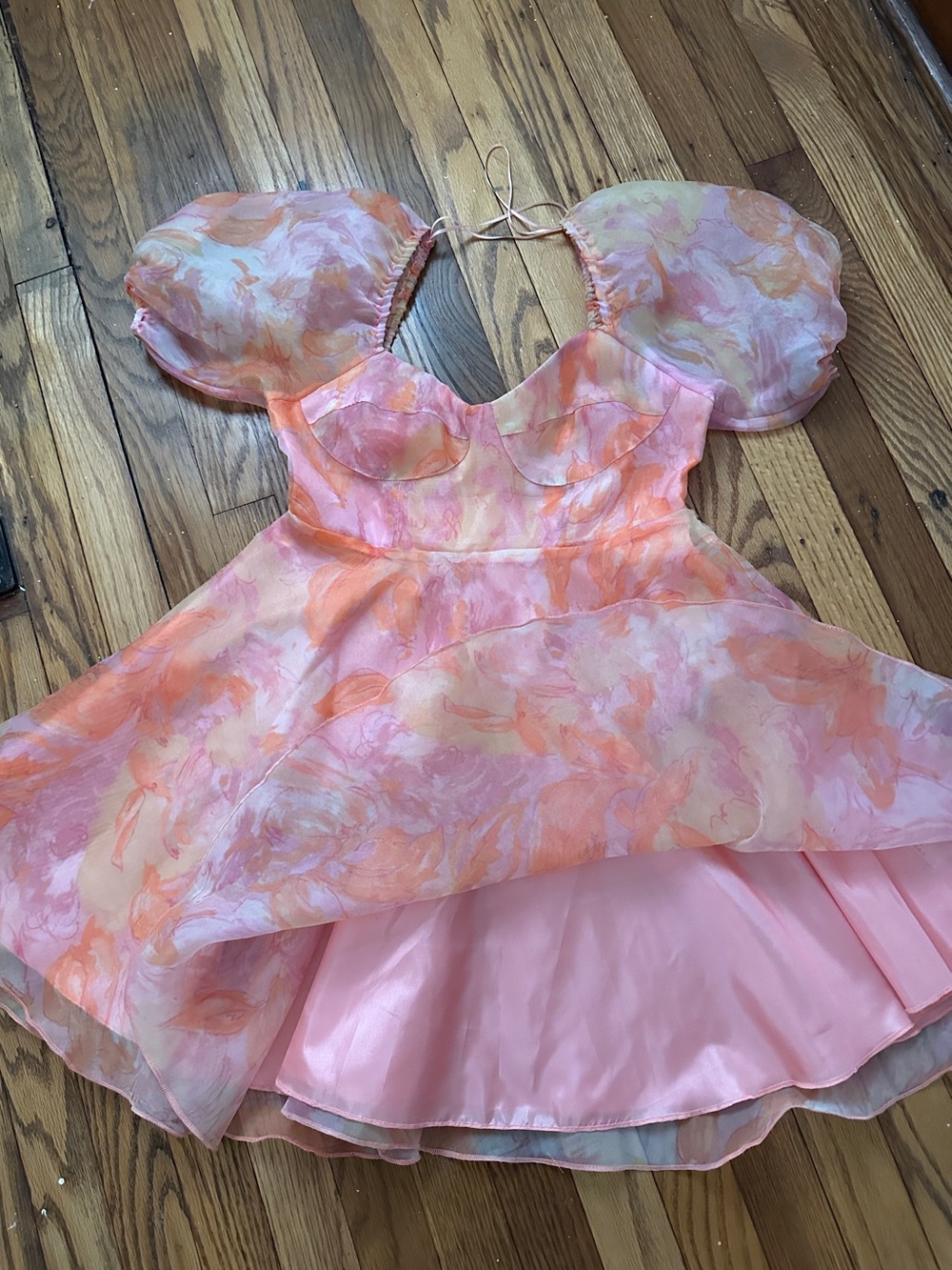 Whimsical Pink-Orange Lush Sunshine Short Puff Sleeve Organza Mini Dress